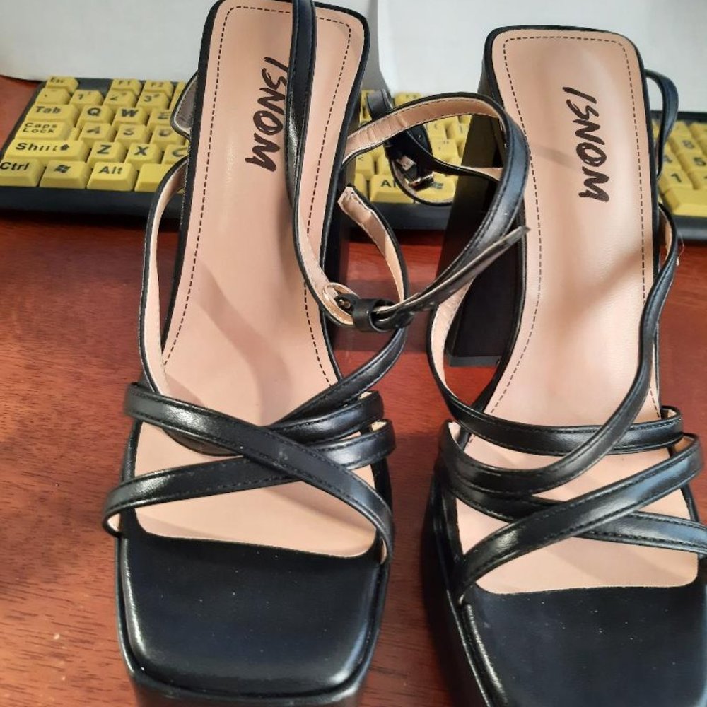 New ! Isnom Platform, Block Heel Sandals Open Squ… - image 3